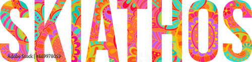 Skiathos island text title with floral doodle pattern. Unique place name vector design, use for article header, merch print, travel blog, postcard, wall art print  .