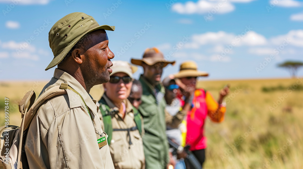 A professional safari guide leads a small group of tourists on a walking safari A professional safari guide leads a small group of tourists on a walking safari