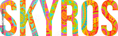 Skyros island text title with floral doodle pattern. Unique place name vector design, use for article header, merch print, travel blog, postcard, wall art print  .