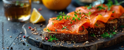 Close Up of Smoked Salmon and Herb Toast on a Wooden Cutting Board