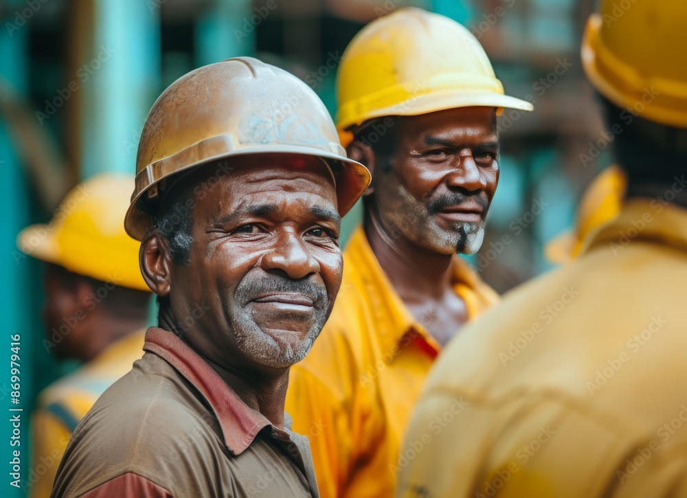 Group of industrial workers in hard hats standing together, close-up. High-quality photo in New American Color Photography style. Joyful and optimistic vibes! Group of industrial workers in hard hats standing together, close-up. High-quality photo in New American Color Photography style. Joyful and optimistic vibes!