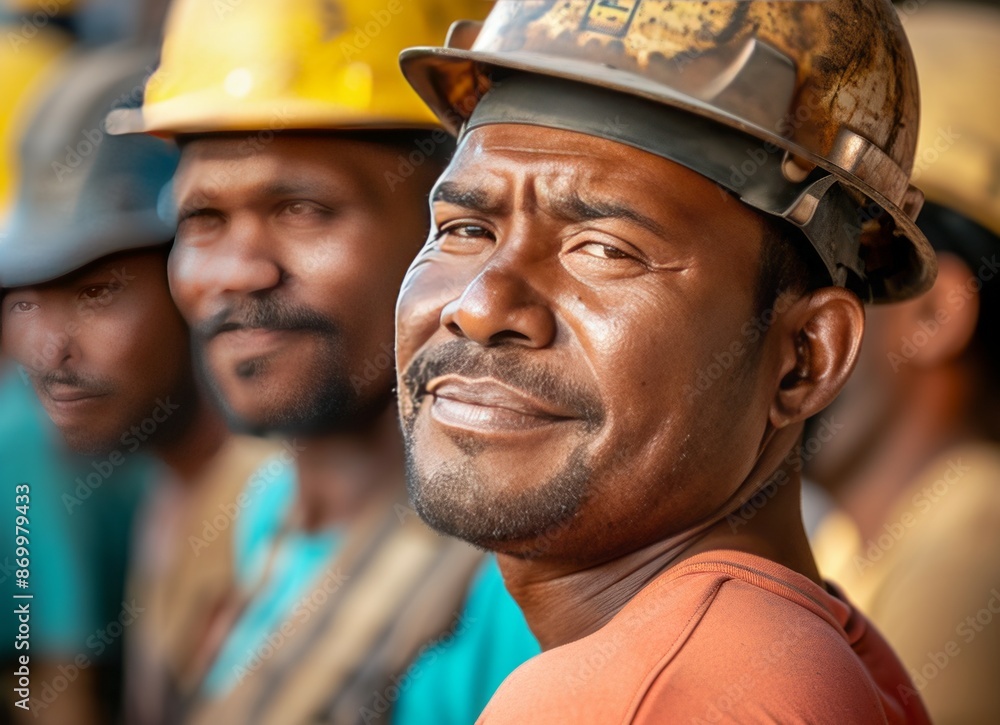 Group of industrial workers in hard hats standing together, captured in focus stacking style. High-quality photo with joyful and optimistic vibes, reflecting New American Color Photography! Group of industrial workers in hard hats standing together, captured in focus stacking style. High-quality photo with joyful and optimistic vibes, reflecting New American Color Photography!