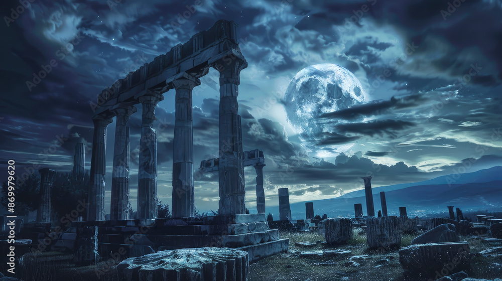 Fototapeta premium Ancient Greek temple on dark sky background, old building ruins at night in summer. Concept of fantasy, history, Greece, big moon, travel, landscape,