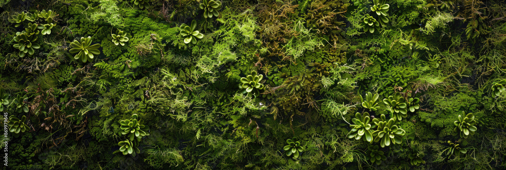 Panoramic banner of moss, vertical garden of green lichen plants on interior wall, abstract texture background. Concept of reindeer, landscaping, nature, forest, eco design Panoramic banner of moss, vertical garden of green lichen plants on interior wall, abstract texture background. Concept of reindeer, landscaping, nature, forest, eco design