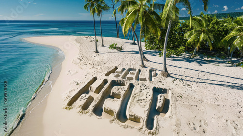 Word HELP written on sand of tropical beach, ocean shore of wild uninhabited island with castaway call. Concept of lost at sea, shipwreck, travel, solitary. photo