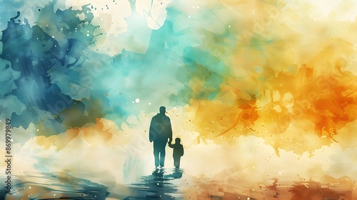 Parent and child silhouette walking away. Patience concept art. Parenting and patience abstract watercolor illustration. Parenthood and childhood. Walking down the path of righteousness.  © Ziyan