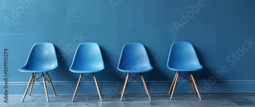 Four Blue Upholstered Armchairs in Front of a Blue Wall