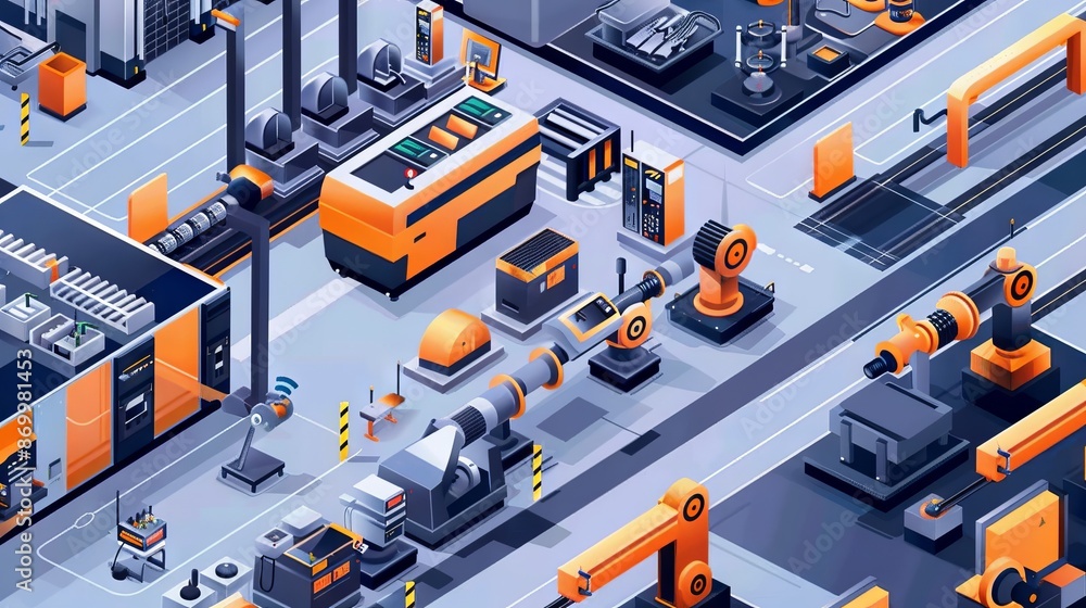 Industry 4.0 smart factory interior showcases IIoT machines, efficient workstations, and automated production lines, optimizing the manufacturing process for improved performance. Industry 4.0 smart factory interior showcases IIoT machines, efficient workstations, and automated production lines, optimizing the manufacturing process for improved performance.