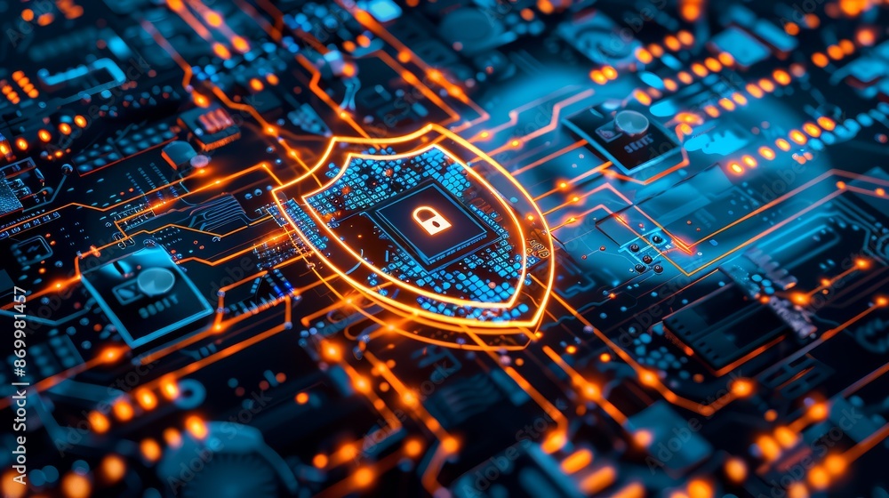 Fototapeta premium A cyber security concept showing a shield icon surrounded by encrypted data and digital locks