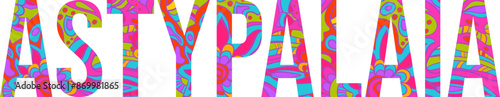 Astypalaia island text title with floral doodle pattern. Unique place name vector design, use for article header, merch print, travel blog, postcard, wall art print  .