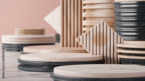Arrow pointing at stackable gold coins stock photos. Light pink and dark beige tones, carved wood blocks, light gray and black accents. Projection mapping adds minimalist style, with light brown and