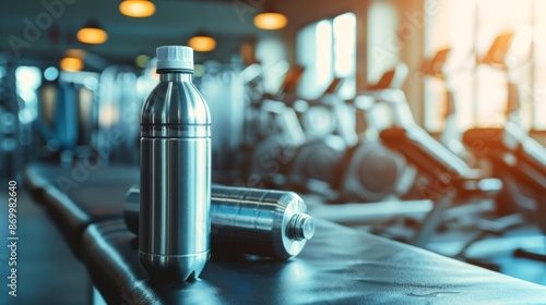 Stylish water bottle and fitness tracker in a modern gym. Concept of fitness equipment, hydration, health, workout essentials