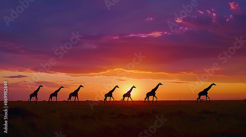 silhouettes of jiraffes in a beautiful sunset over the Savannah photo