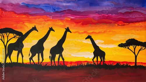 digital painting of silhouettes of jiraffes in a beautiful sunset over the Savannah photo