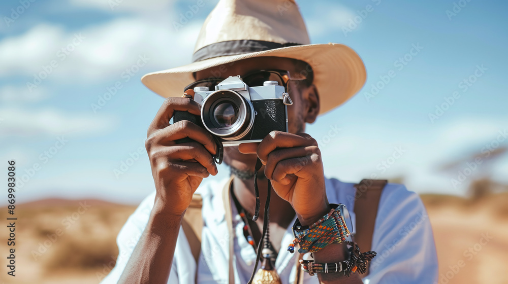Obraz premium black male tourist taking photos with vintage camera in a safari adventure trip