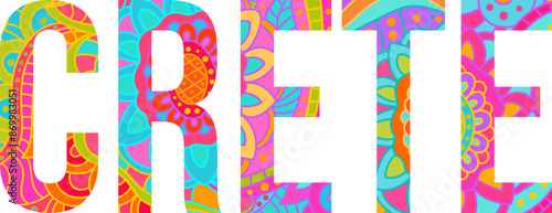 Crete island text title with floral doodle pattern. Unique place name vector design, use for article header, merch print, travel blog, postcard, wall art print  .