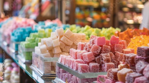 Colorful Turkish delight candies on display