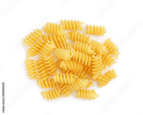 Tasty uncooked fusilli pasta on white background