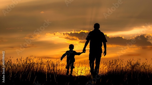 Silhouette of father and son holding hands 