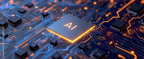 AI Chip On A Circuit Board With Glowing Lines