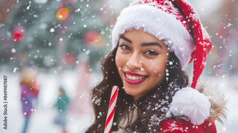 Young woman in a Santa hat holding a candy cane amid snowfall during Christmas celebration. Concept of holiday season, festive cheer, winter festivities, joyful moments Young woman in a Santa hat holding a candy cane amid snowfall during Christmas celebration. Concept of holiday season, festive cheer, winter festivities, joyful moments