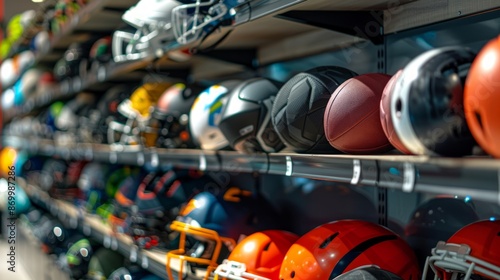 Sports equipment on display in a store. Concept of athletic gear, retail, sporting goods, shopping