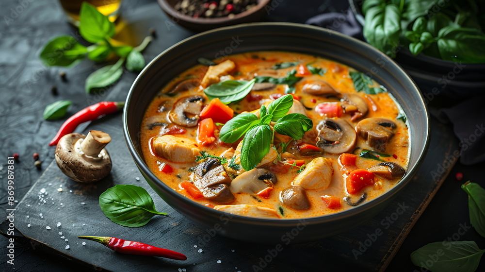 Thai coconut curry soup with chicken, mushrooms, and bell peppers in a coconut milk broth. Thai coconut curry soup with chicken, mushrooms, and bell peppers in a coconut milk broth.