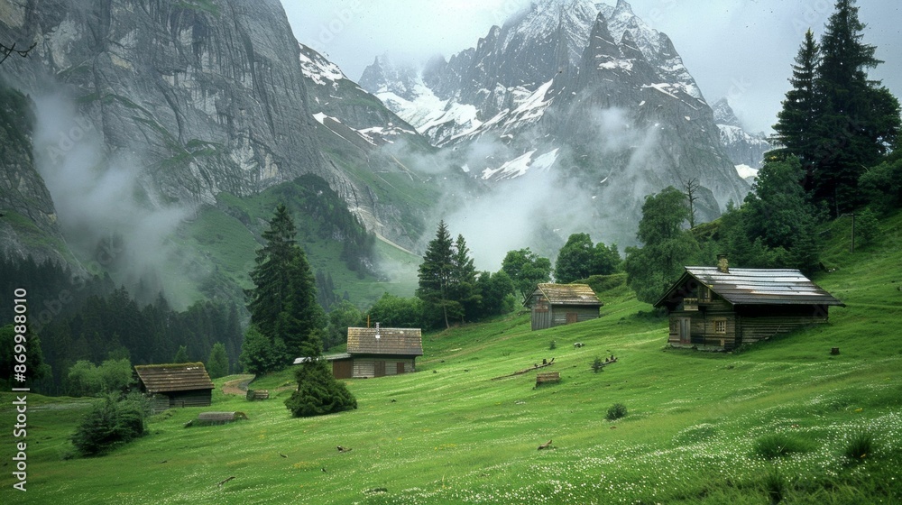 Breathtaking panoramic view of Swiss Alps' snow-capped peaks with scattered wooden huts among lush green hillsides and pine trees on foggy morning. Breathtaking panoramic view of Swiss Alps' snow-capped peaks with scattered wooden huts among lush green hillsides and pine trees on foggy morning.