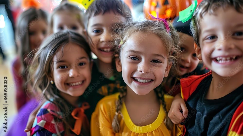 Multiracial group of children in bright costumes smiling happily. Concept of diversity, kids' party, joy, friendship, Halloween Multiracial group of children in bright costumes smiling happily. Concept of diversity, kids' party, joy, friendship, Halloween