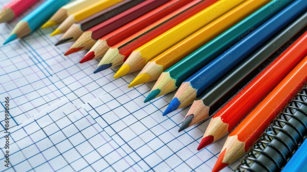 Fototapeta premium A row of colored pencils are lined up on a sheet of graph paper