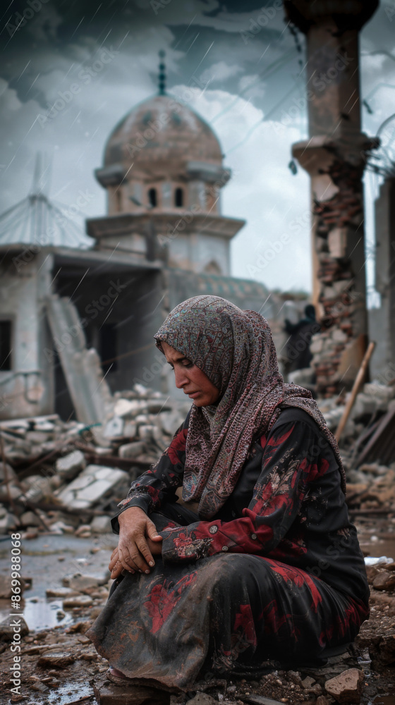 A photo real of a pregnant Palestine woman sitting outside A photo real of a pregnant Palestine woman sitting outside