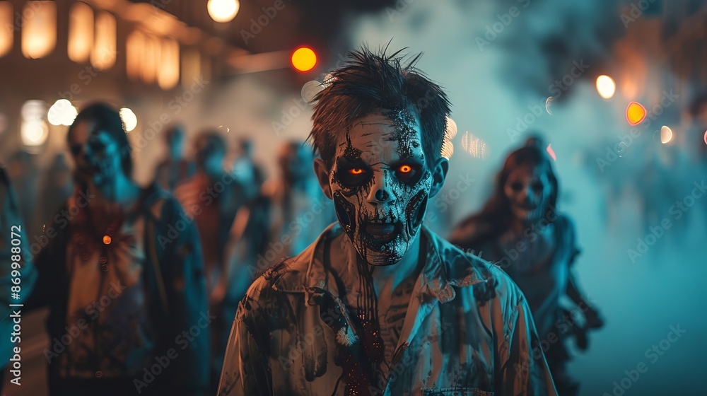 Obraz premium Group of diverse zombies walking on a dark street at night. Concept of Halloween, horror, undead, urban scene