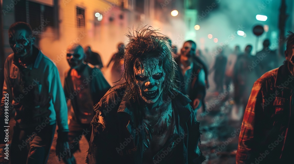 Fototapeta premium Group of diverse zombies walking on a dark street at night. Concept of Halloween, horror, undead, urban scene