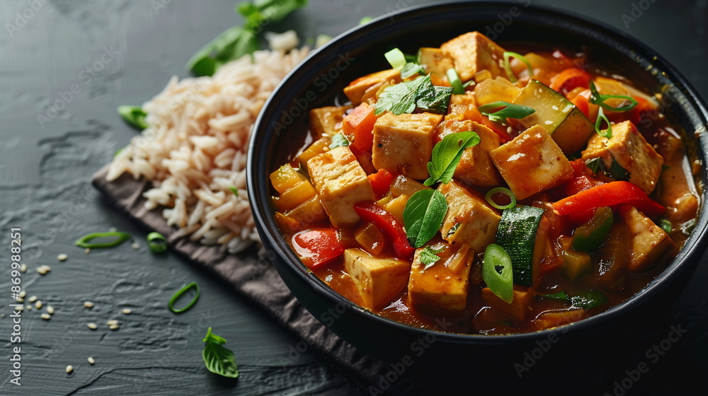 Tofu and vegetable curry with coconut milk, served over brown rice. Tofu and vegetable curry with coconut milk, served over brown rice.