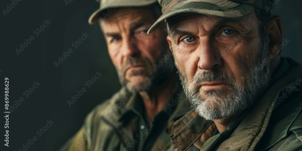Resilient Caucasian soldiers in camouflage uniforms and caps with serious expressions celebrating Veteran's Day, showcasing experience and dedication to their army careers. Resilient Caucasian soldiers in camouflage uniforms and caps with serious expressions celebrating Veteran's Day, showcasing experience and dedication to their army careers.