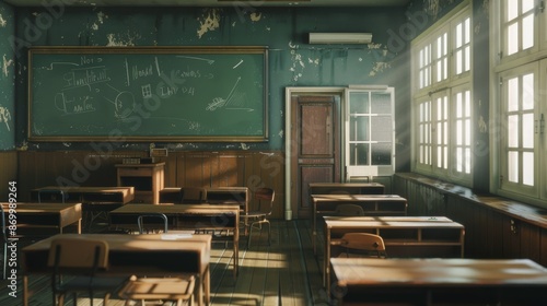 A vintage classroom featuring emptied wooden desks arranged in rows, a large chalkboard, and big windows bringing in natural light. The worn walls impart a historical feeling.