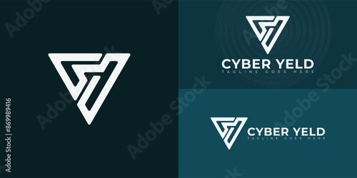 Abstract initial triangle letters CY or YC logo in white color isolated on multiple background colors. The logo is suitable for cyber security business logo vector design illustration inspiration