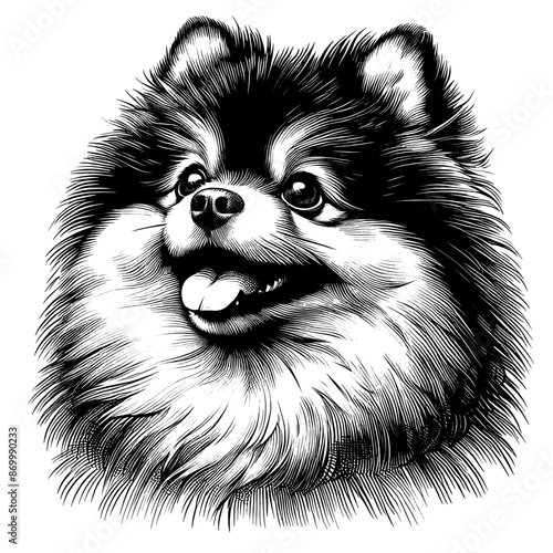 Hand drawn cute Pomeranian portrait, vector sketch isolated on white background.	
