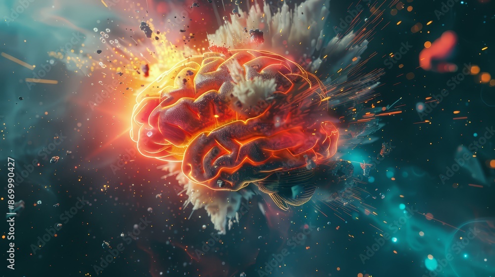 A dynamic concept art showing a brain with an explosion of colorful A dynamic concept art showing a brain with an explosion of colorful