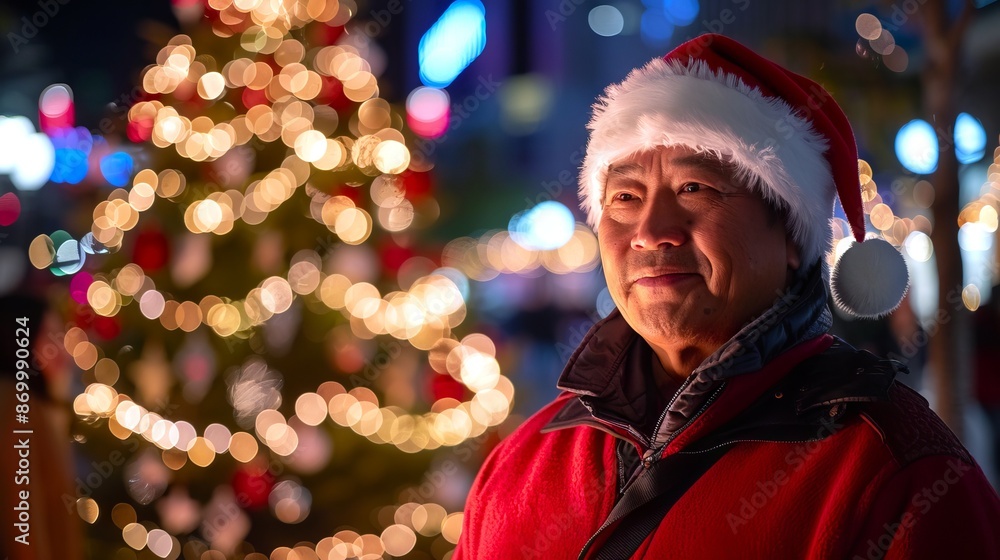 Asian man dressed as Santa Claus in a festive street. Concept of Christmas celebration, holiday season, Santa character, urban festivity