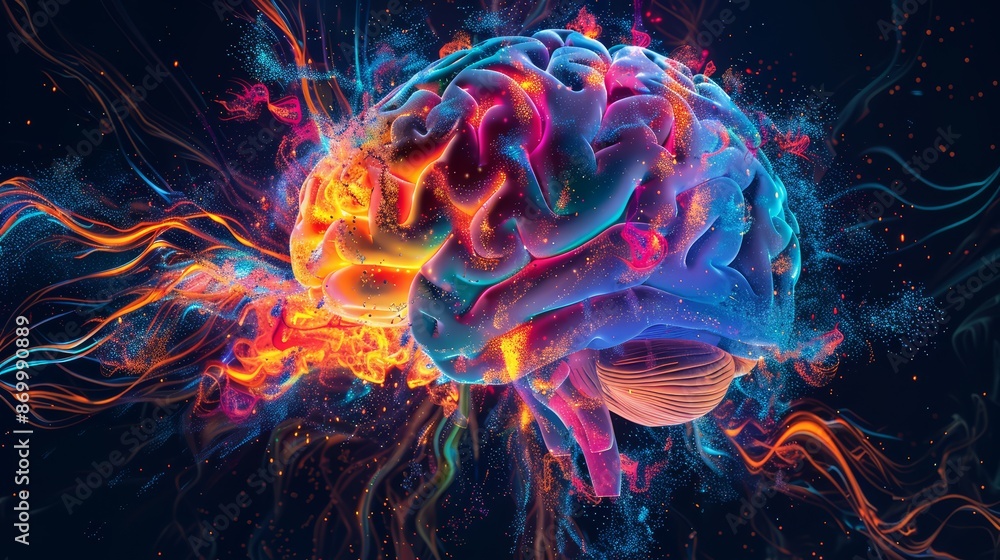 A dynamic painting of a brain with explosive bursts of neon colors and intricate patterns A dynamic painting of a brain with explosive bursts of neon colors and intricate patterns
