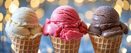 Three Soft Serve Ice Cream Cones With Vanilla, Chocolate, and Strawberry Flav...
