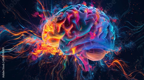 A dynamic painting of a brain with explosive bursts of neon colors and intricate patterns