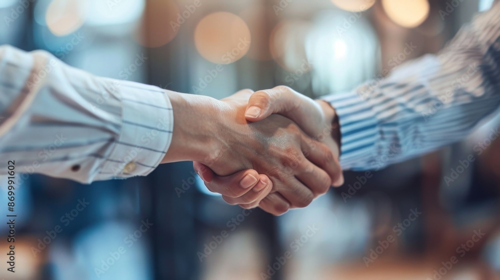 This image captures a handshake between two individuals in a modern office with a blurred background, emphasizing trust and agreement in a professional environment. This image captures a handshake between two individuals in a modern office with a blurred background, emphasizing trust and agreement in a professional environment.