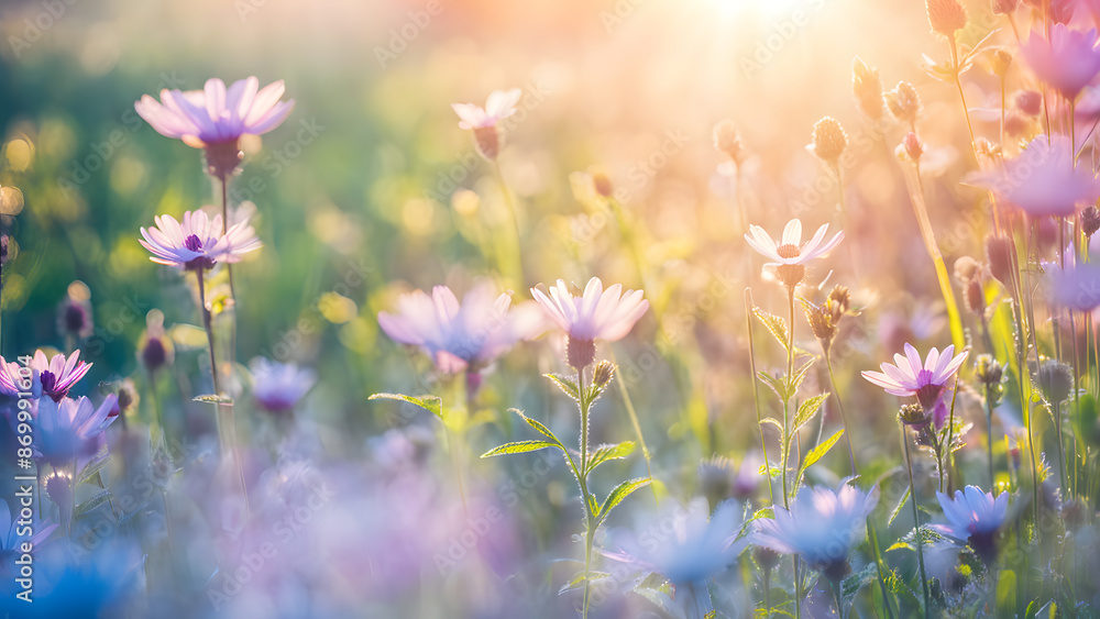A field of flowers with a bright sun shining on them A field of flowers with a bright sun shining on them