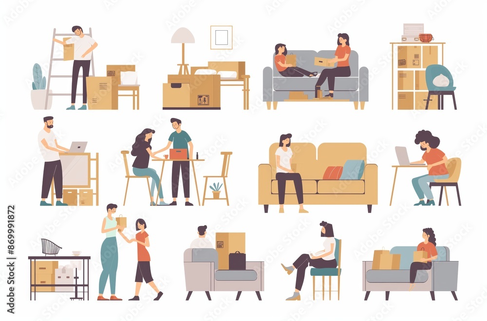 Families packing and unpacking boxes Families packing and unpacking boxes