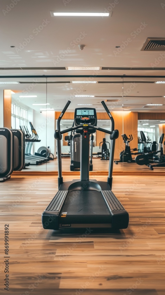 Modern treadmill in an empty gym with wooden flooring and mirrors. Concept of fitness, exercise, cardio workout, health. Vertical Modern treadmill in an empty gym with wooden flooring and mirrors. Concept of fitness, exercise, cardio workout, health. Vertical