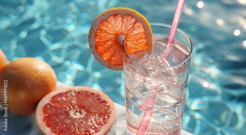 Refreshing Grapefruit Drink With Ice on a Sunny Day