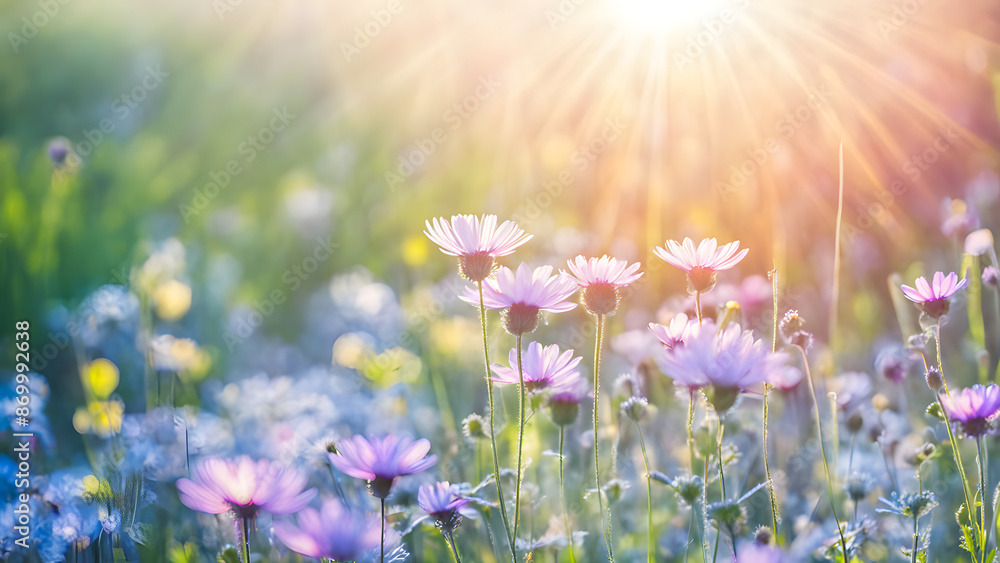 Obraz premium A field of flowers with a bright sun shining on them