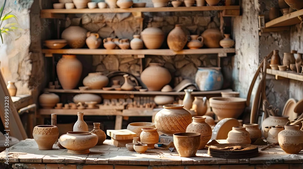 A table full of pottery with a variety of shapes and sizes. The table is in a room with a lot of pottery, and the atmosphere is creative and artistic A table full of pottery with a variety of shapes and sizes. The table is in a room with a lot of pottery, and the atmosphere is creative and artistic